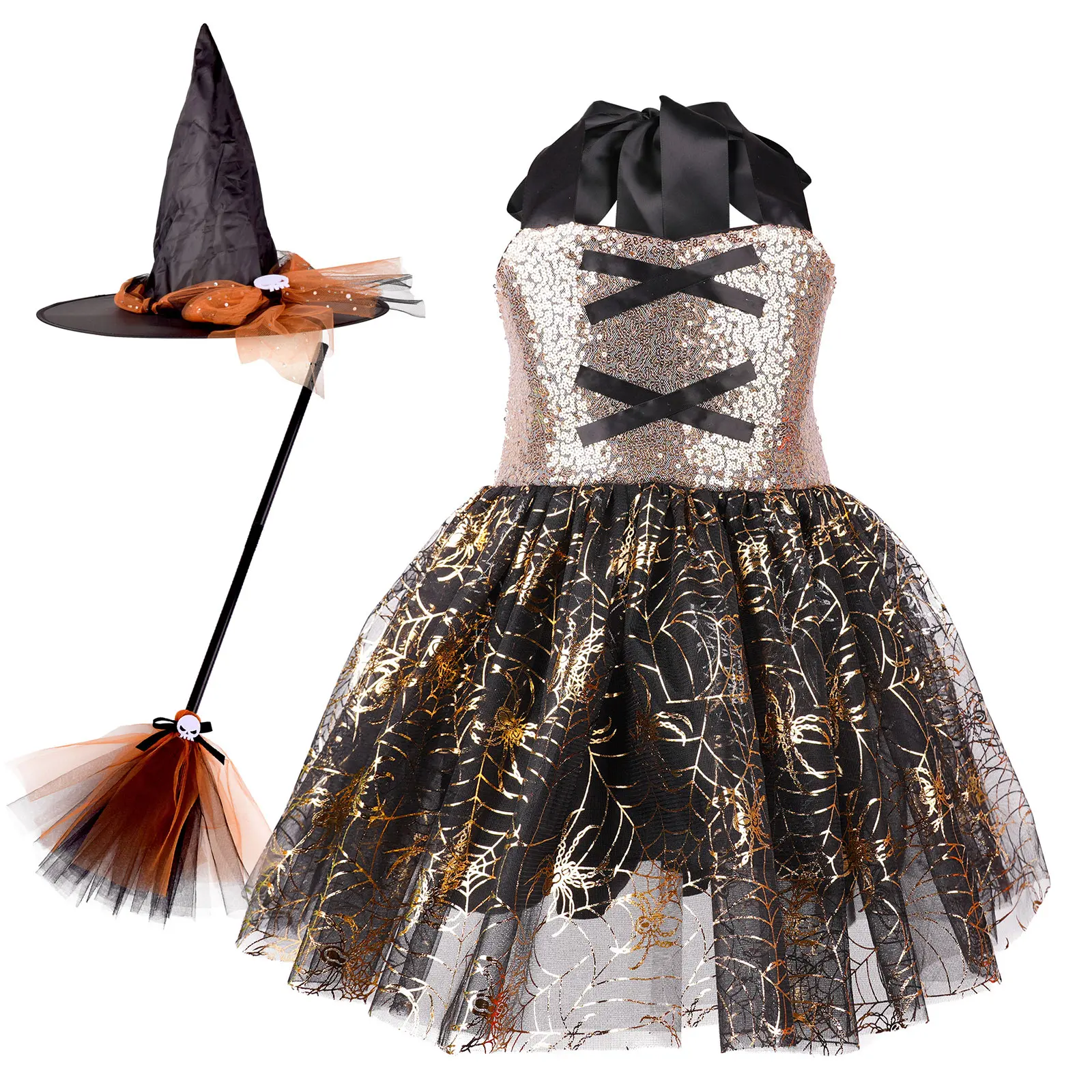 مجموعة فستان ساحرة فاخرة للأطفال البنات ملابس ترتر لامعة مع ملحقات لحفلات الهالوين كرنفال التنكرية