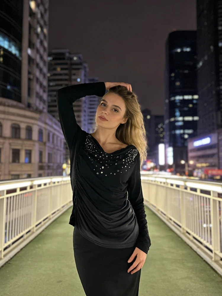 Y2K High Street Niche Design Long Sleeved Tops American Retro Swing Collar Slanted Shoulder Rhinestone Printed T-shirt For Women