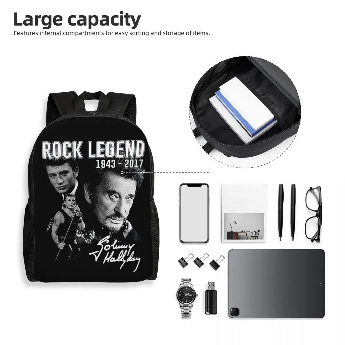 Johnny Hallyday Mochila de viagem para homens e mulheres, mochila para laptop, France Rock Singer, mochila universitária