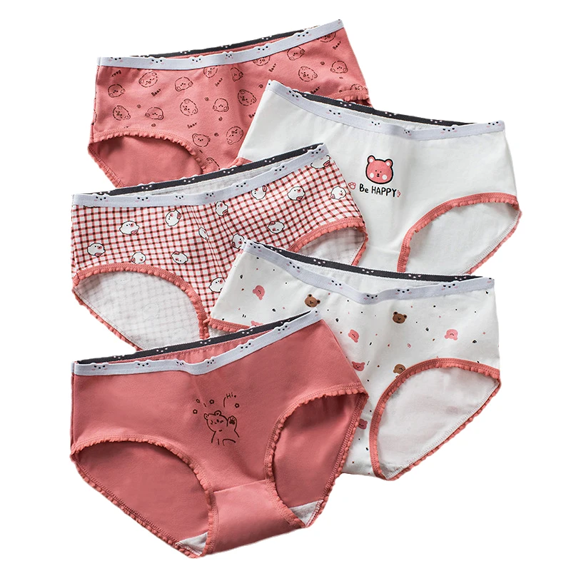 Cute Cotton Panties for Women and Girls, Sexy Lingerie, Pink Bear Printed Underwear, Mid Rise Female Soft Intimates, Thongs