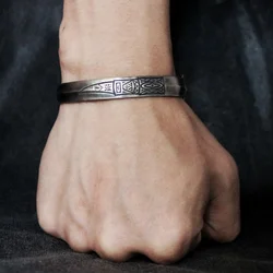 Retro Thai Silver Bangle Men's Jewelry Individualized Mysterious Totem Lines Bangle Male Open Size Hand Accessories