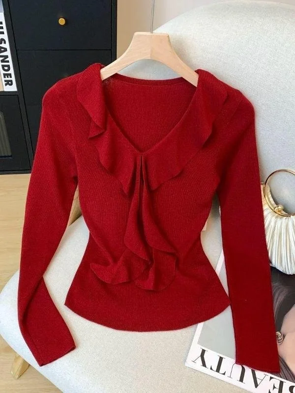 

Модный вязаный свитер с V-образным вырезом и длинными рукавами, с кружевной отделкой, осенне-зимняя новинка, стильный дизайн верхней одежды, базовая модель, элегантный топ