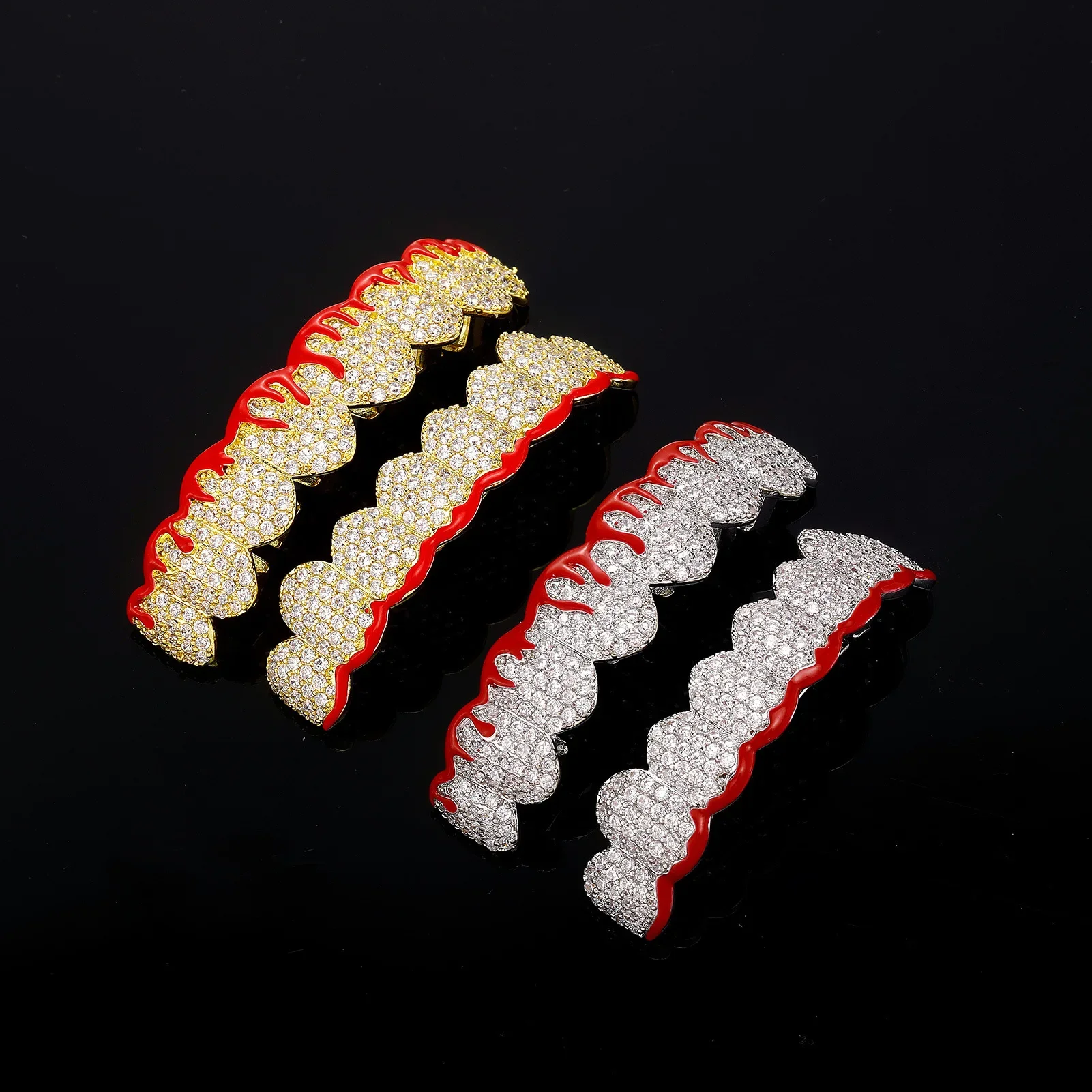 Christmas New Product Red Drip Oil Flame Pattern Full Diamond Cosplay Bracelet Halloween Fun Fashion Versatile Gold Teeth