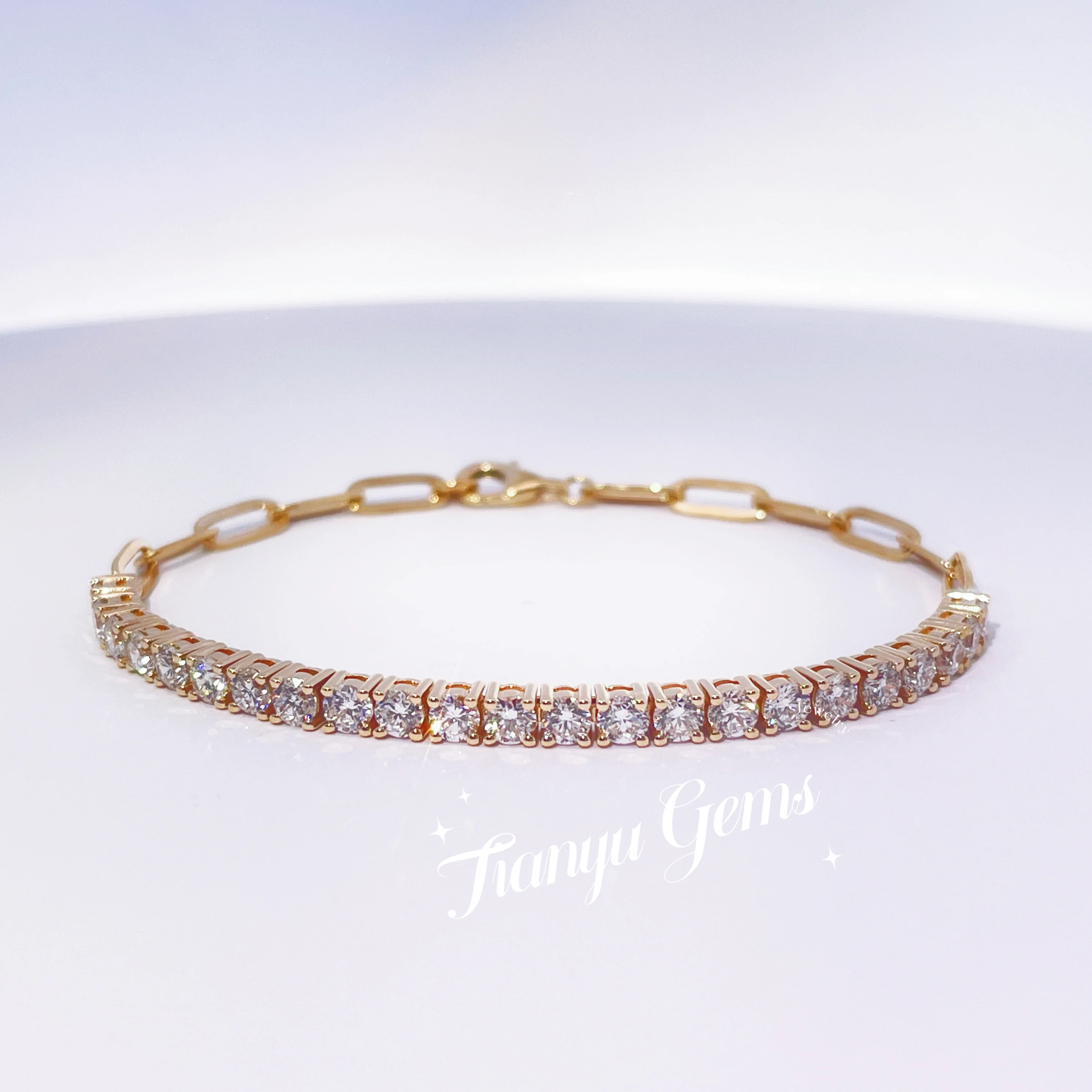 

Tianyu Gems 14K 18K Yellow Gold Bracelet 2.9mm D/VVS Round Moissanite Diamond Tennis Bracelet Solid Gold Link Chain for Women