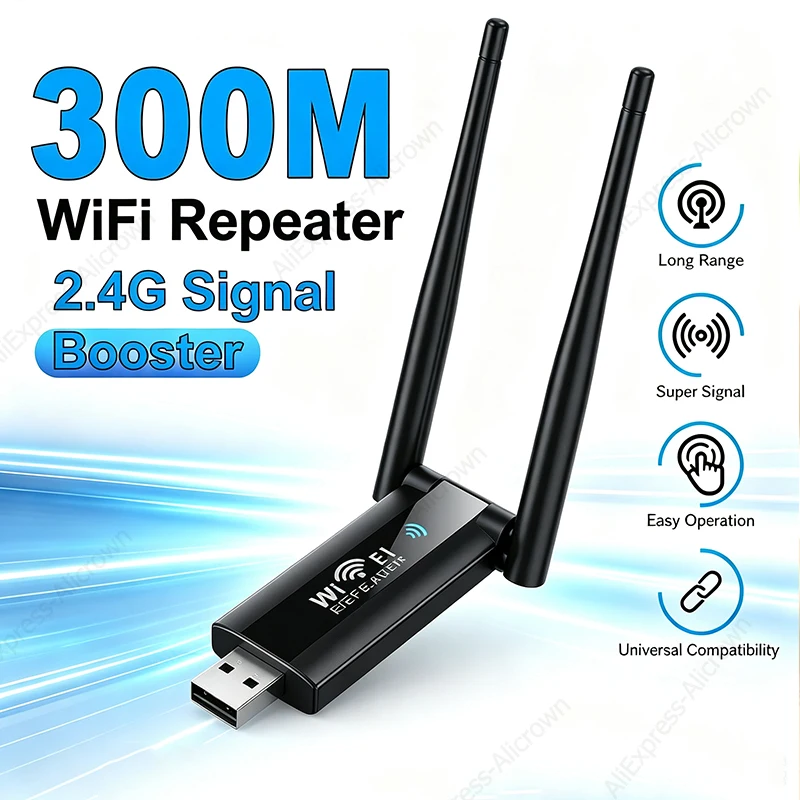 KEBIDUMEI Wireless 2.4G 300Mbps USB WiFi Repeater Extender WiFi Signal Amplifier Booster Long Range Home Wi-Fi Network Extension