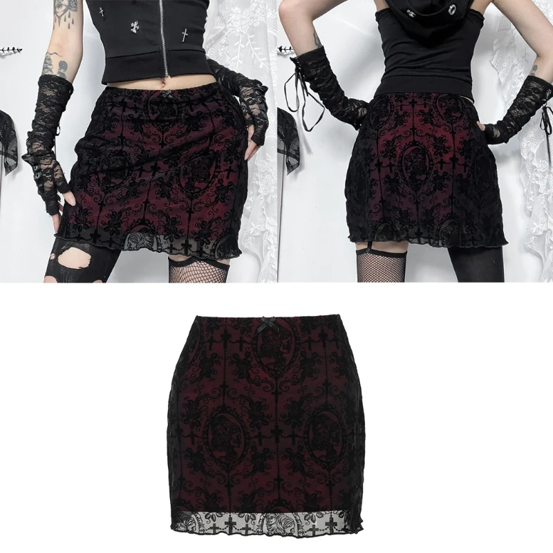 Velvets Lace Gothic Bodycon Mini Skirt for Women Punk Double Layered Skull Flower Mesh Overlay Pencil Skirt Party Wear