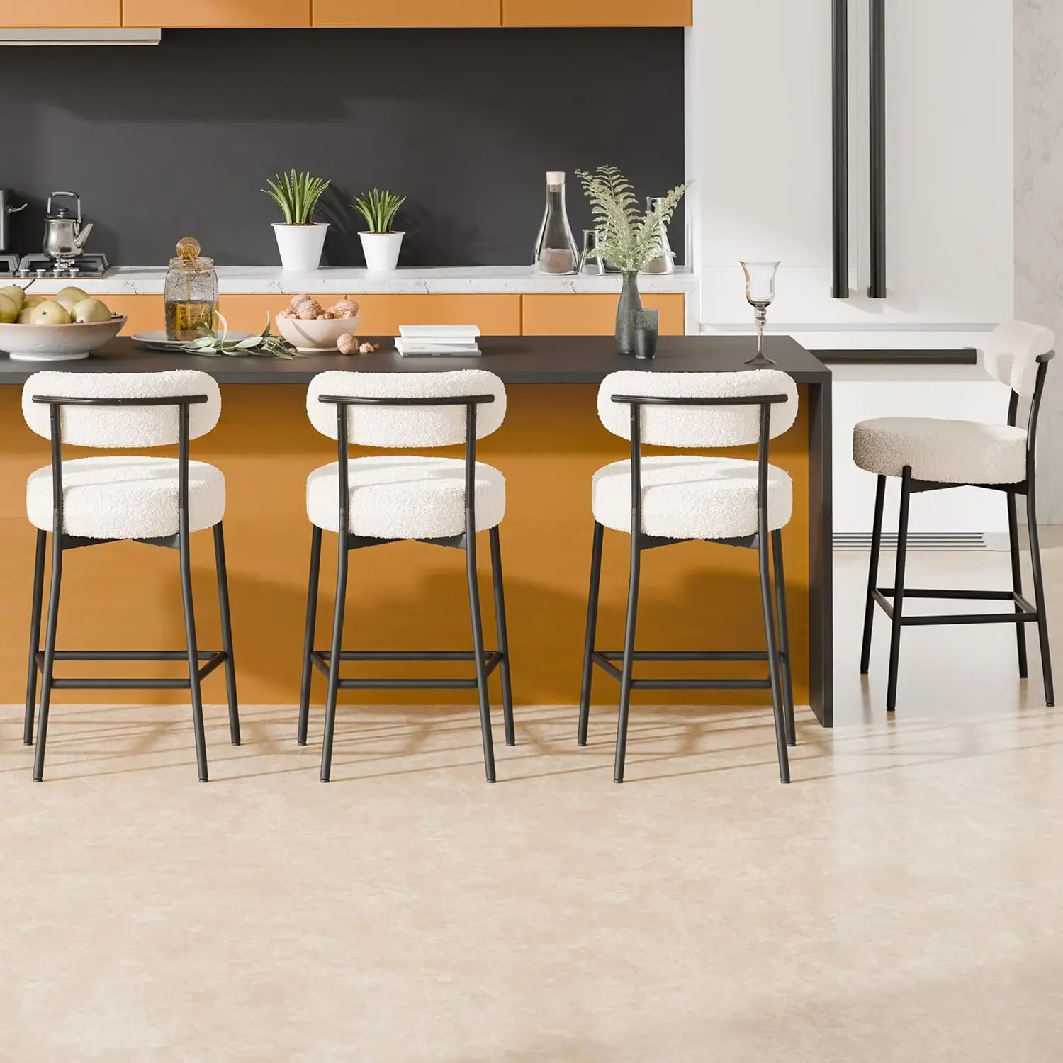 

24'' Bar Stools Set Of 4, Boucle Counter Height Bar Stools Modern Barstools Counter Stools With 4'' Thick Round, Customized