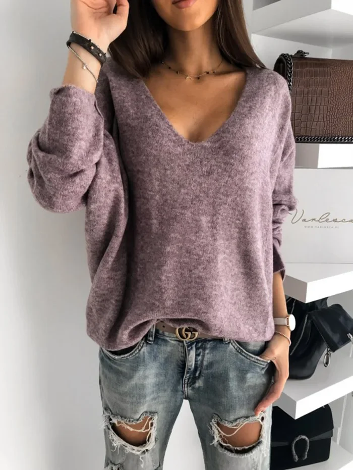 2024 Loose Loungewear V Neck Pullovers, Women Autumn Winter Long Raglan Sleeve Fashion Sweaters New Patchwork Solid Ladies Tops