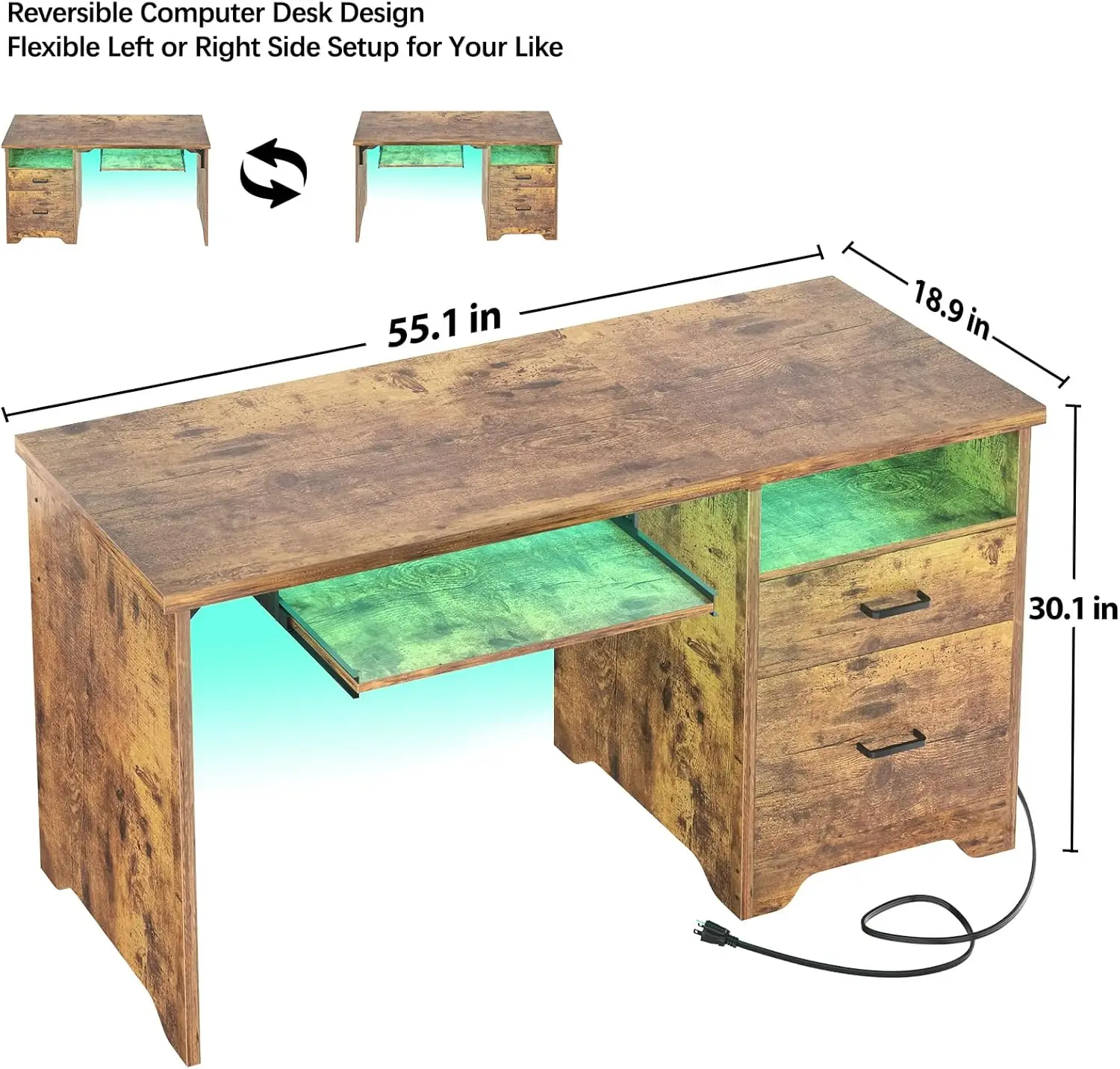 Office Desk With File Cabinet, 55 Inch Reversible Computer Desk With Smart Led Light And Power Outlet, Sturdy Gaming Desk With
