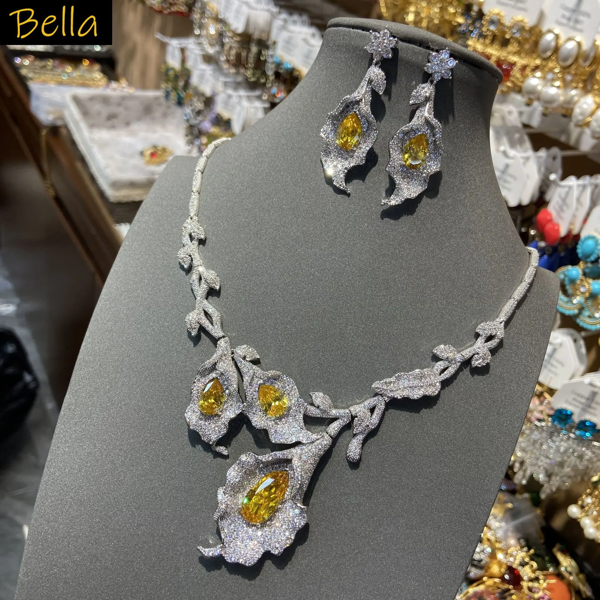 

Gorgeous zircon jewelry sets necklace earrings yellow flower common callalily silver color necklace large wedding bride jewelry