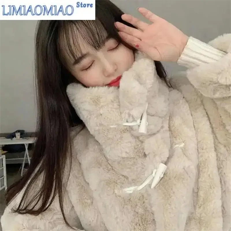 New Autumn Winter All-match Lamb Velvet Thickened Fur Coat Imitation Sable Rabbit Fur Languid Wind Horn Buckle Furry Coat