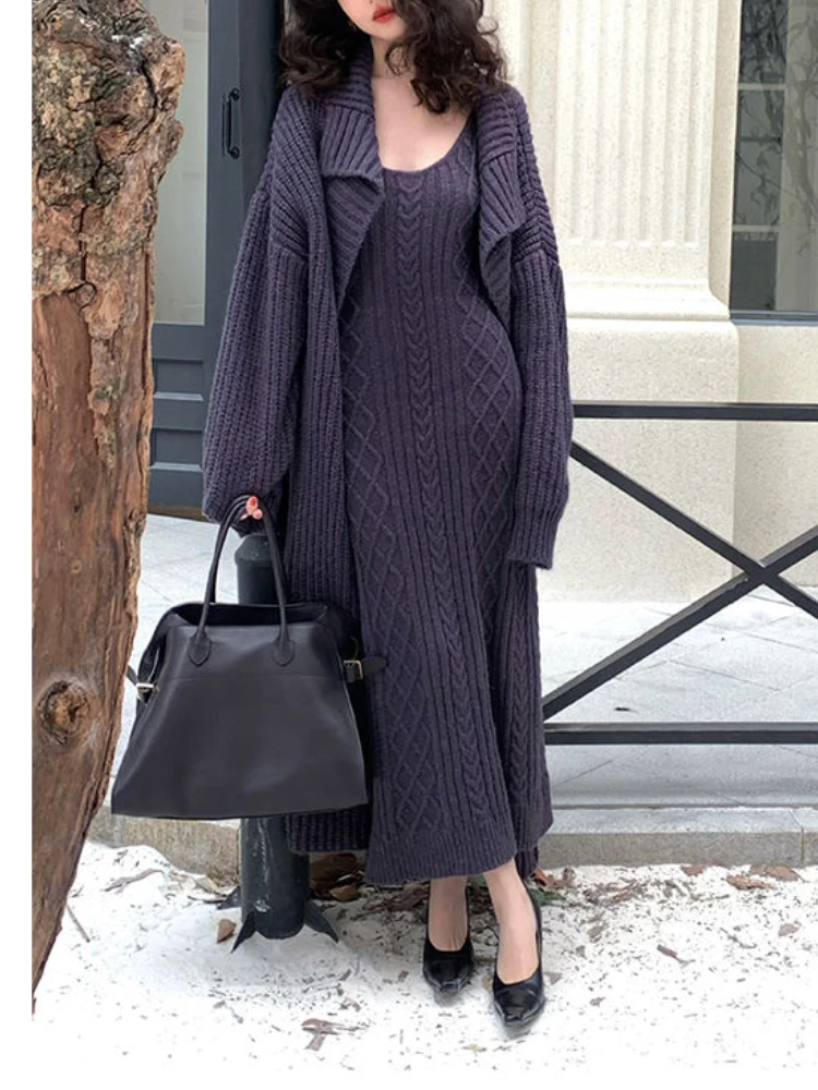 2024 Winter Korean Style Retro Knitted Two Piece Set Women Sweter Coat+strap Dress Female Casual Vintage Warm Knit Suit 2024