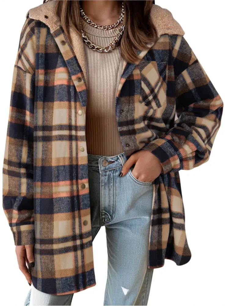 New Checkered Pocket Button Women's Jacket Coats Autumn Winter Casual Long Sleeved Lapel Comfortable Warm Thicken Coat Woman 4