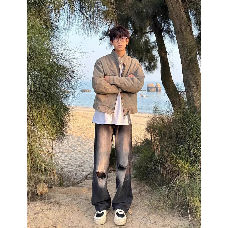 

Мужские джинсы в стиле ретро, американские, с эффектом потертости, прямого кроя, для весны и осени, рабочие брюки, рваные, из денима, в уличном стиле, свободного кроя