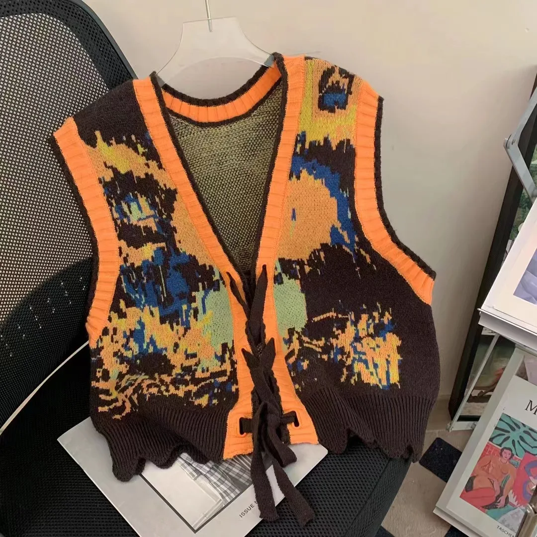 Gilet lavorato a maglia con stampa girasole con scollo a v retrò da donna primavera autunno senza maniche