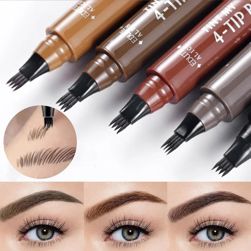 Crayon à sourcils 4 points, liquide imperméable, noir, marron, stylo de tatouage, 4 pointes fendues, maquillage, cosmétique longue durée