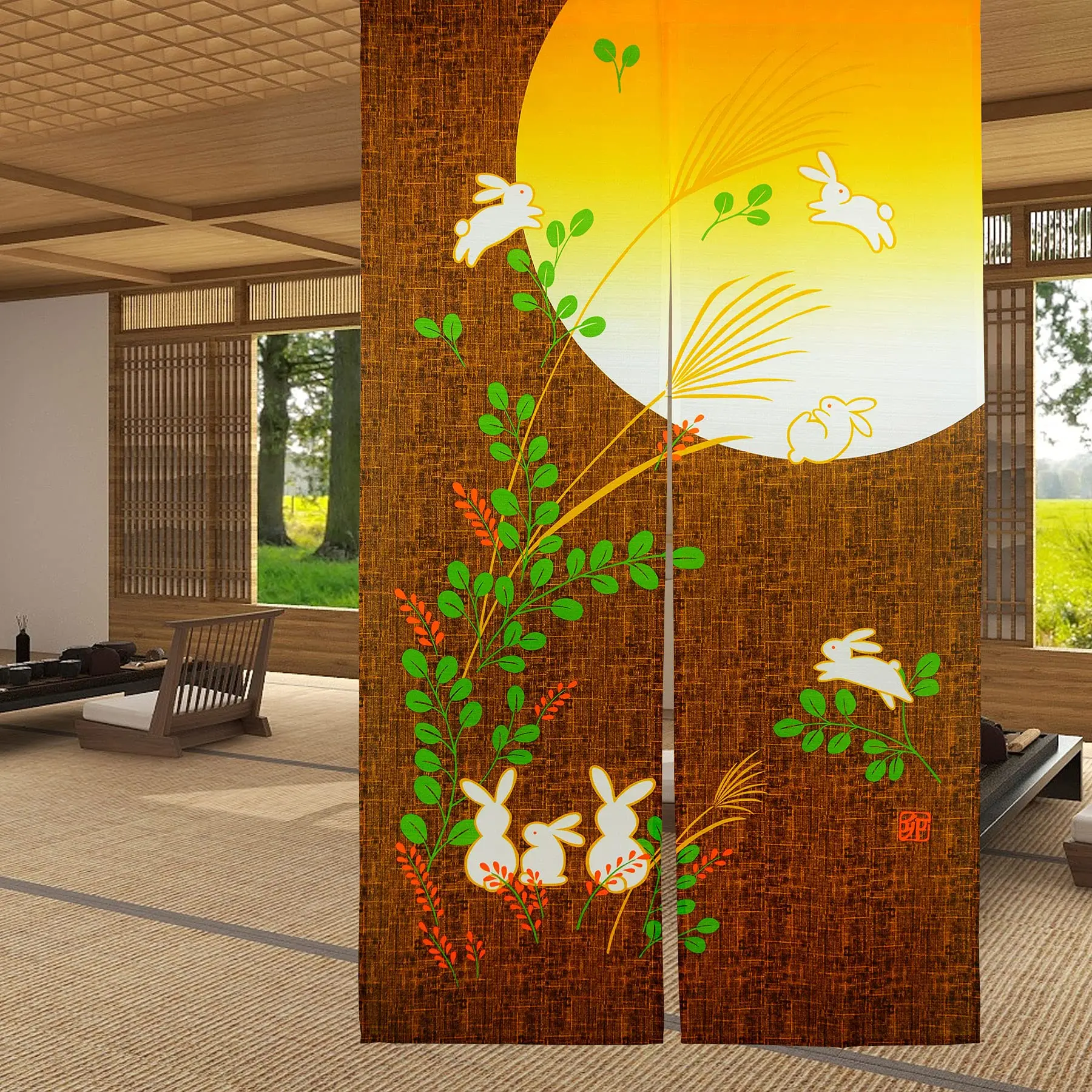 Cute Rabbit Under Moon Japanese Noren Door Curtain Feng Shui Half-Curtains Kitchen Partition Entrance Curtain Home Decorations