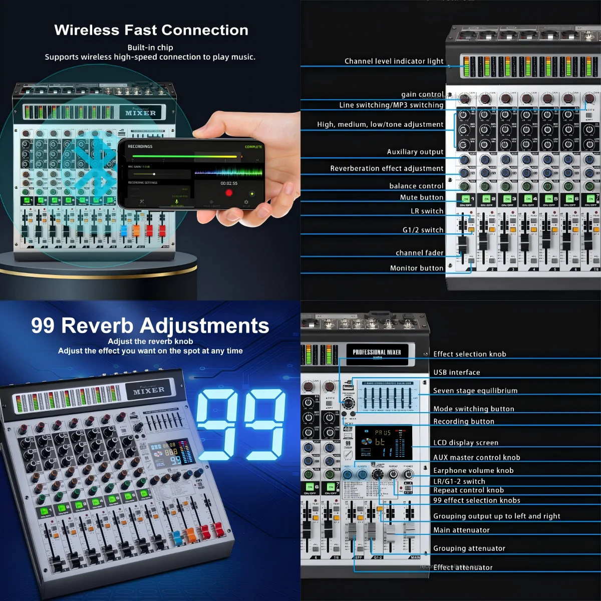 Novo mixer de áudio profissional digital com interface de 8 canais e 99 efeitos com 2 marisuais com USB + 48V Phantom Power