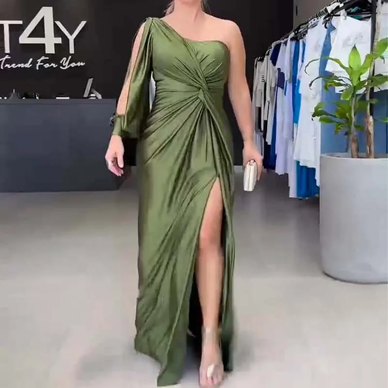 

Women's High Split Dress Elegant Sexy One Shoulder Cocktail Wedding Guest Party Maxi Dress