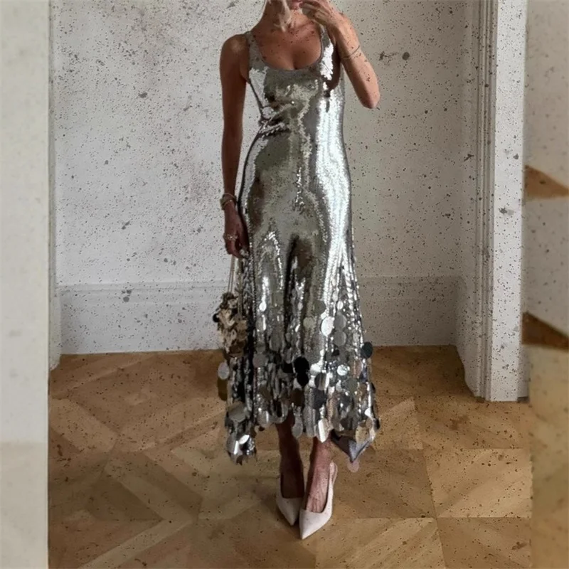 Glitter Sequins Silver Prom Dress Sexy Stripe Hollow Sleeveless Long Party Gown Formal Wedding Guest Birthday Evening Robe