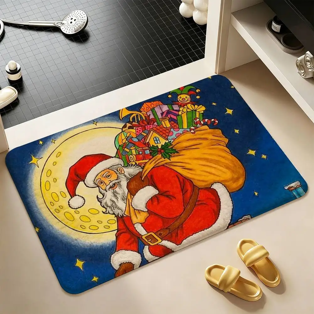 Christmas Santa Claus  Shower Room Absorbent Small Floor Mat Soft Comfortable Decorative Foot Mat