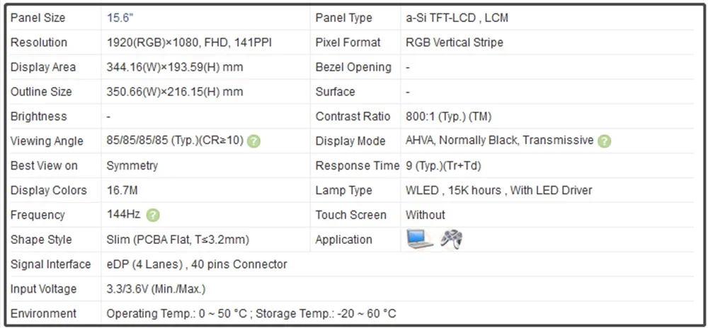 B156HAN08.3 15.6 inch Laptop Slim IPS LCD Screen Panel 1920x1080 141PPI EDP 40pins 144Hz Non-Touch