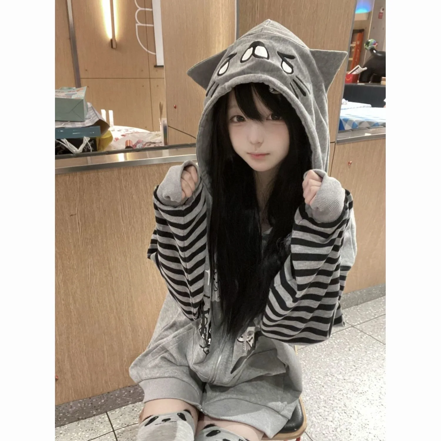 Japanese Kawaii Cat Ears Long Sleeve Hoodie Women Sweet Casual Striped Sweatshirt Zipper Cartoon Embroidery 2025 Autumn view 3