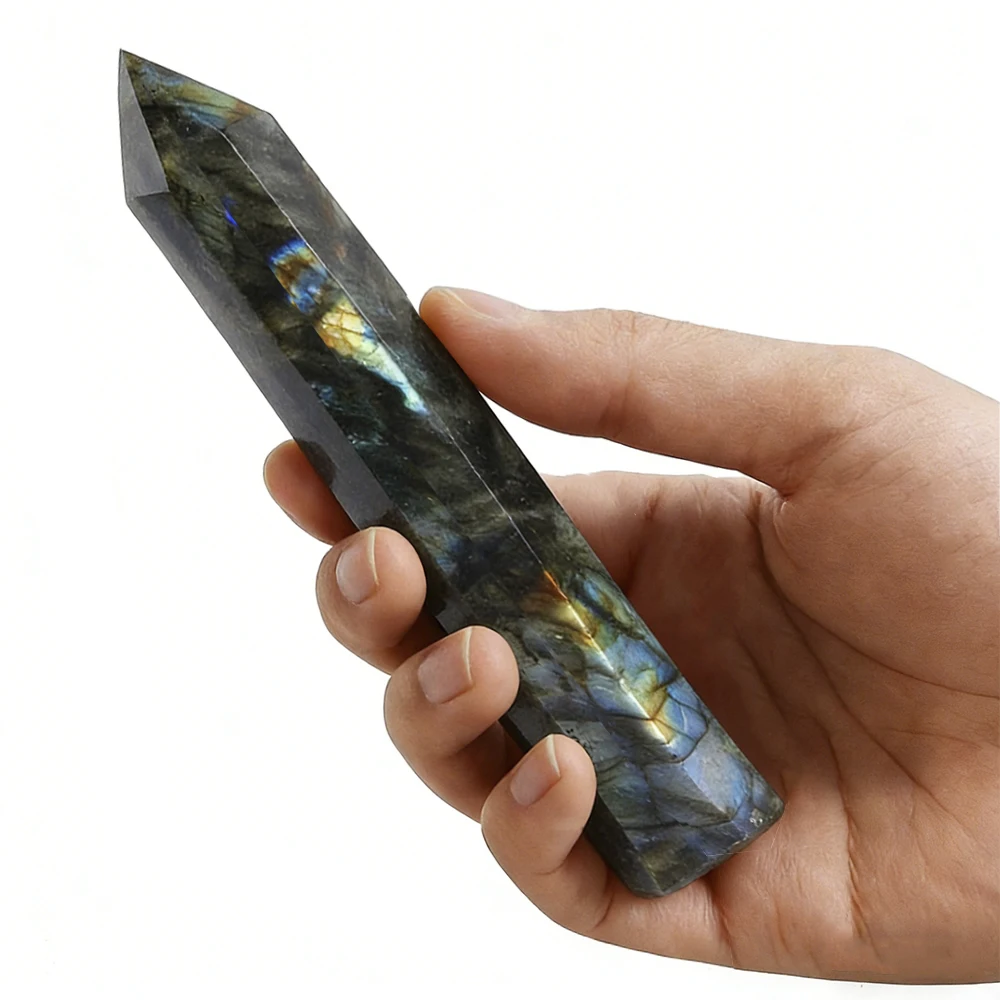 Natural Labradorite Crystal Obelisk Tower Point 6 Faceted Large Wand 8-17cm Aurora Flash Iridescent Labradorescence Hand Polished Dreamlike High Figurine Home Decor Desk Ornament Office Decor Room Decor Bedroom Decor Table Centerpiece Collectible Specimen view 7