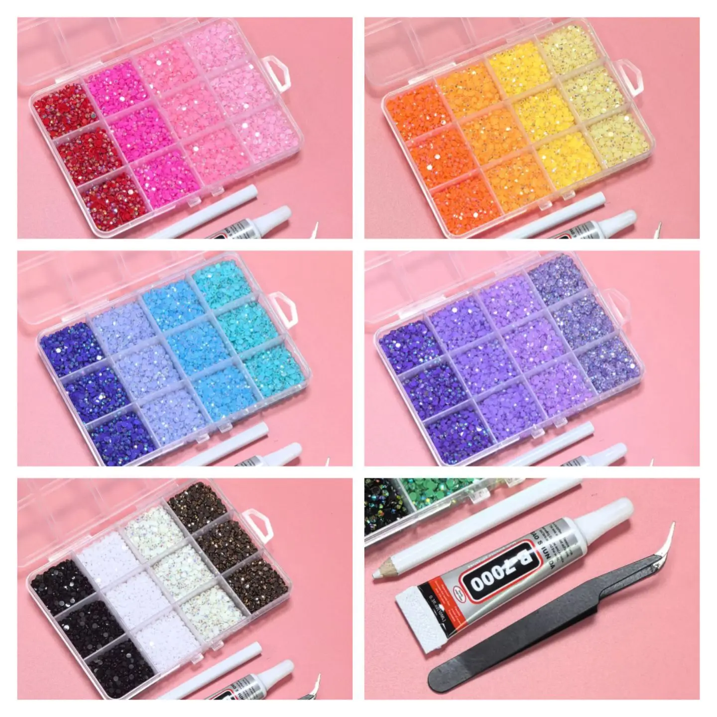 12-Compartment Ab Color Resin Flat-Back Rhinestones, 4-Color Single-Color Series Nail Art Rhinestones, DIY Clothing Nail Art Rhinestones, Eye Makeup Accessories Set
