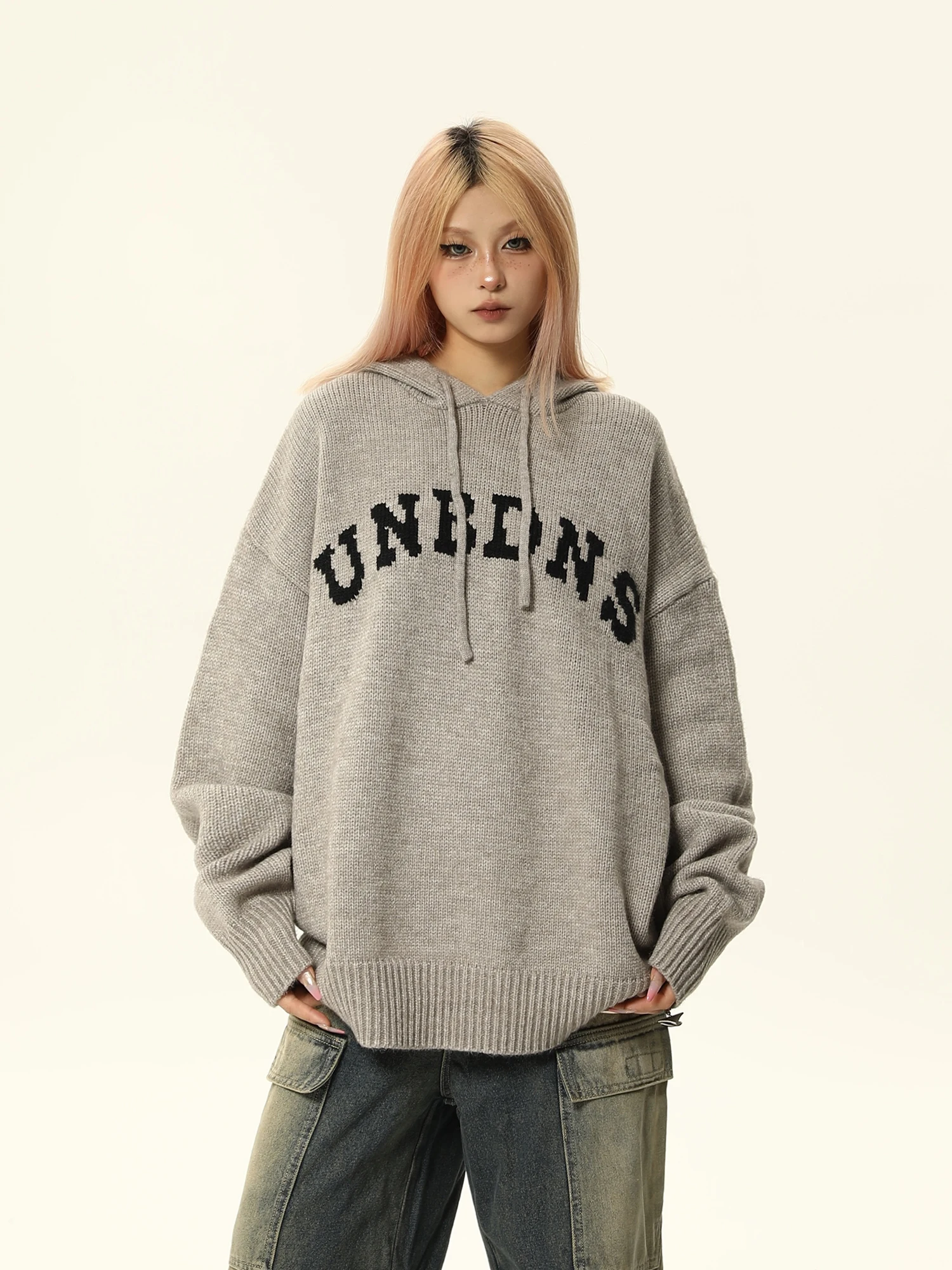 

Женская свободная толстовка с капюшоном Wild American Retro Lazy Sle, вязаный свитер, осенне-зимняя уличная одежда, длинная верхняя одежда с принтом све