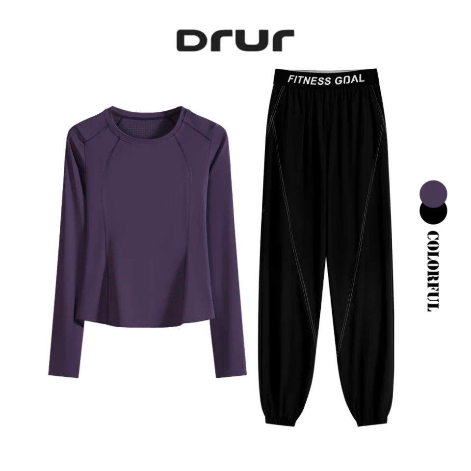 

DRUR осень-зима свободный комплект для йоги комплект из 2 предметов топ с длинными рукавами спортивные штаны с высокой талией спортивная одежда женский спортивный костюм костюм для бега