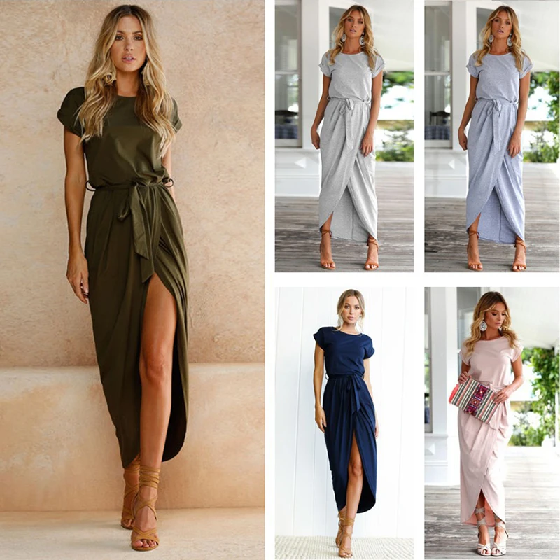 Fashion Summer Dresses 2024 Casual Short Sleeved O-Neck Irregular Midi Dress Sashes Women's Elegant Holiday Slit Woman clothing