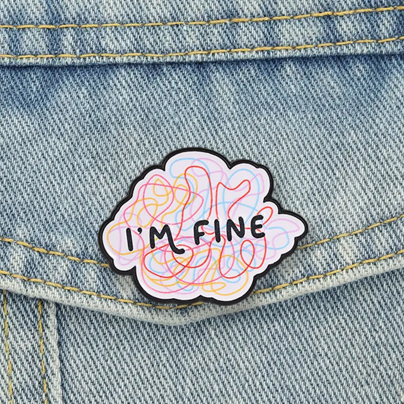 I'm Fine Tangled Thoughts Badge Colorful Messy Lines Mental Health Enamel Pins Funny Inner Chaos Brooch Accessories Decor
