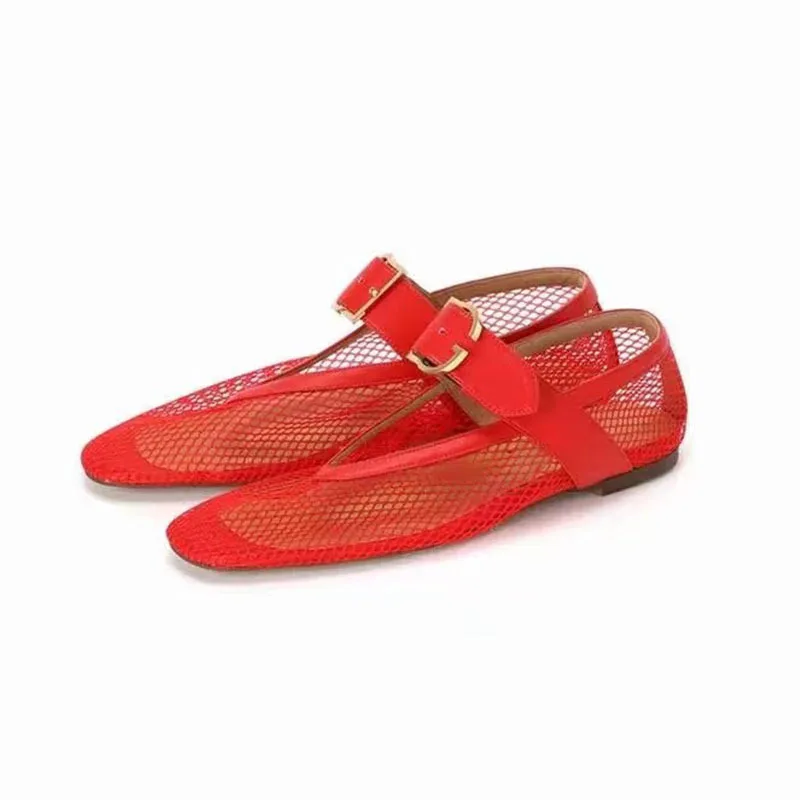 الانزلاق على الباليه الشقق الصنادل شبكة مشبك البغال شبكة صيد السمك أحذية راقصة الباليه النساء أسود أحمر أبيض جلد Sandalias Mujer Verano