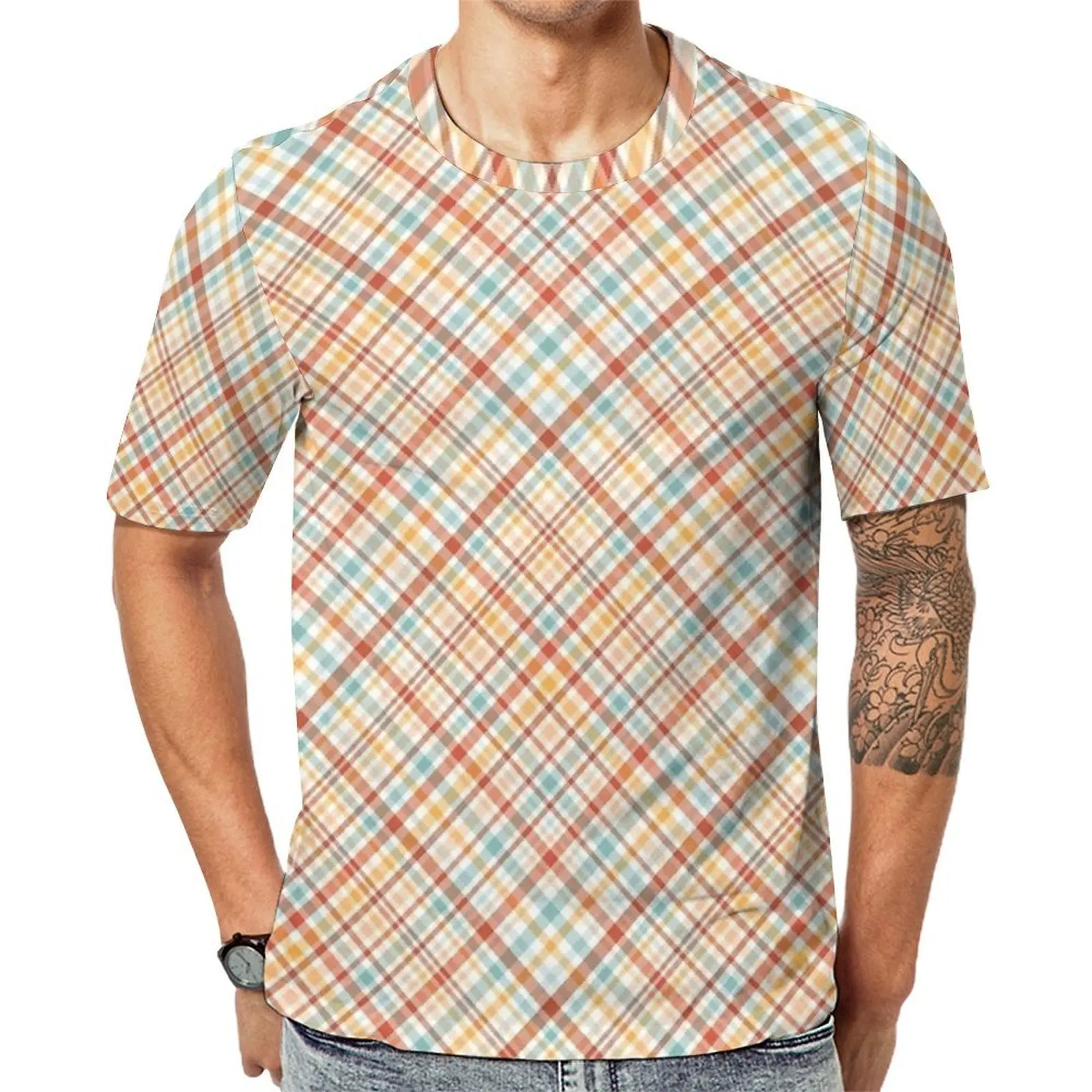 Big Size T-Shirt Summer Colourful Madras Inspired Print T-Shirts  Awesome O Neck Tshirt Man Vintage Custom Tees