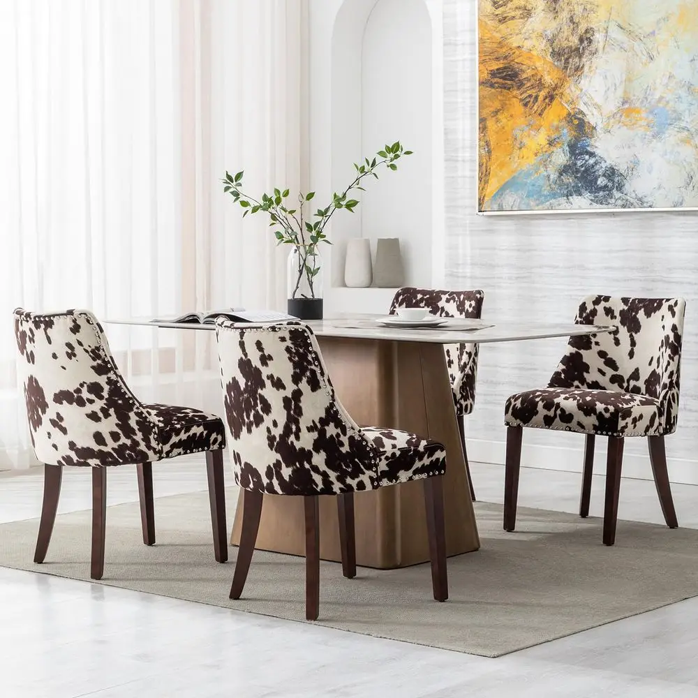 

Chairs Set of 4 Mid Century holstered Velvet with Nailhead Trim Accent Chairs with Linen Fabric Cushion and Wooden Legs for L