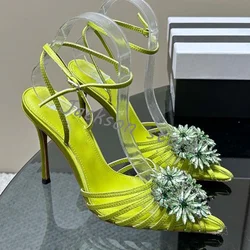 Sandali con tacco alto a spillo con fiore di cristallo a punta da donna décolleté con fibbia alla caviglia firmati Design di marca scarpe femminili Sexy estive