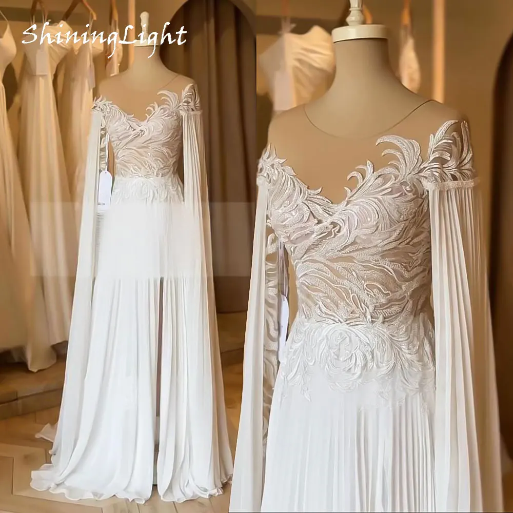 

ShiningLight Vintage A Line Wedding Dresses Cap Sleeves Chiffon Lace White Bridal Gowns Scoop Neck Vestidos De Novia Customized