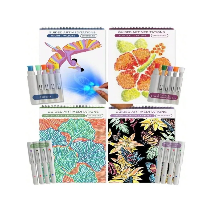 Lifelines FlowArt Activity Pad, 4-Pack - Guided Art Meditations With Markers - Color By Letter, Dot-Art And More, Coloring Book