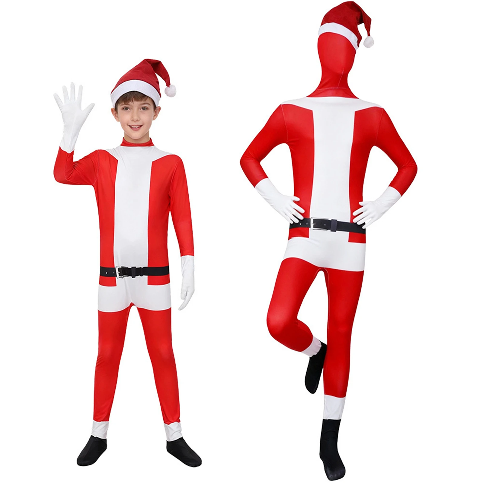 

Santa Claus Bodysuit for Adult Kids Christmas Printed Jumpsuit with Hat Boys Girls Holiday Party Parent-Child Costume