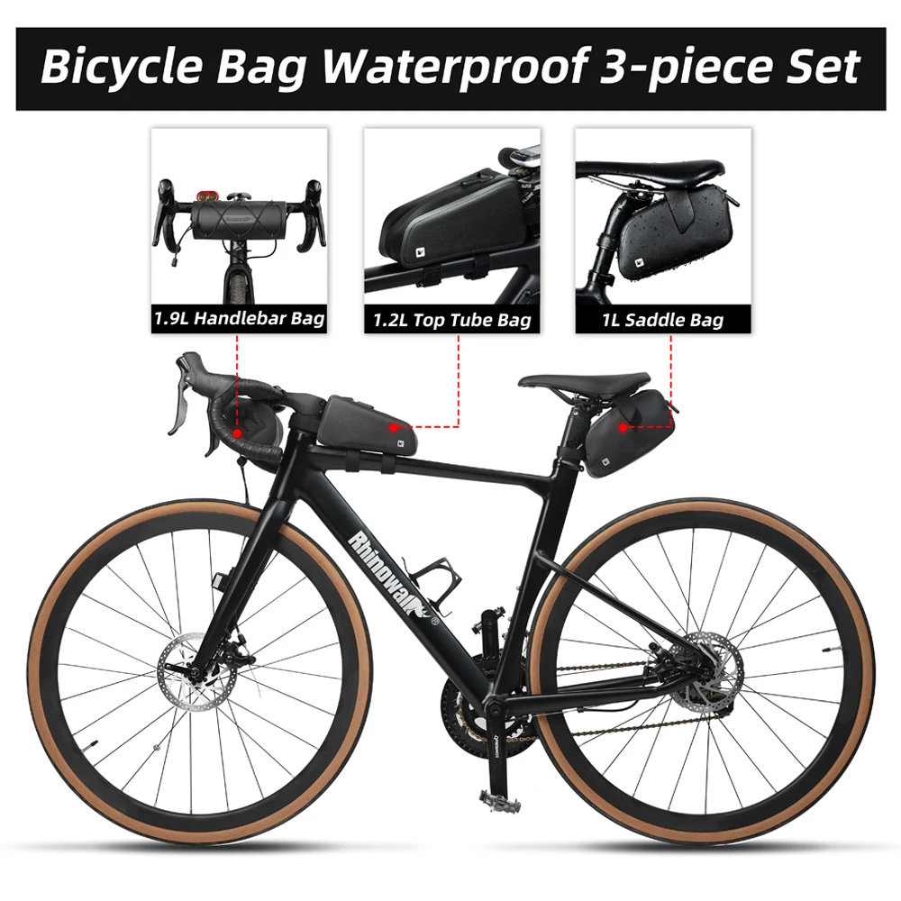 Rhinowalk Waterproof Bick Bag 3-Pieces Set 1.9L Handlebar Bag 1.2L Top Tube Bag 1L Saddle Bag Outdoor Cycling Bicycle Bag 2023