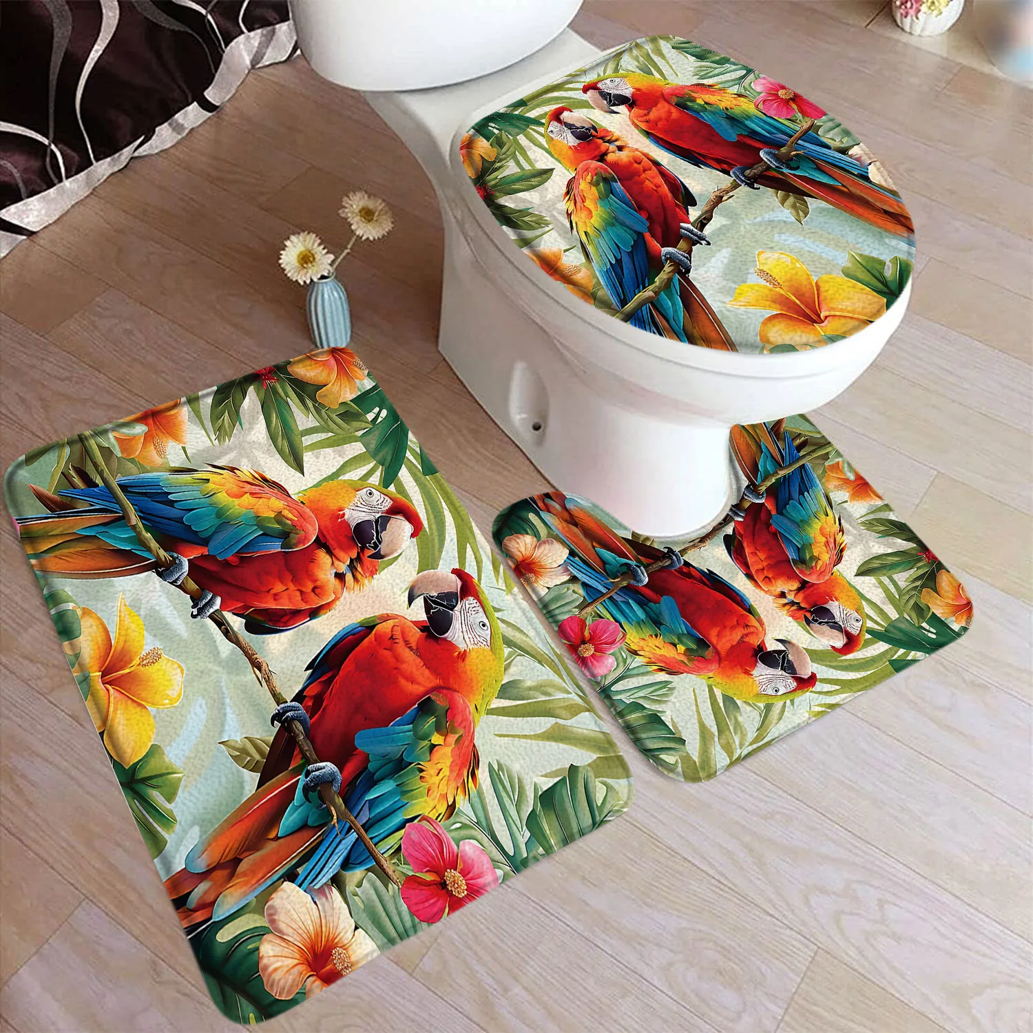 Parrot Bath Mat Set Tropical Floral Birds Palm Leaves Monstera Plant Home Carpet Bathroom Decor Floor Rug U-Mat Toilet Lid Cover