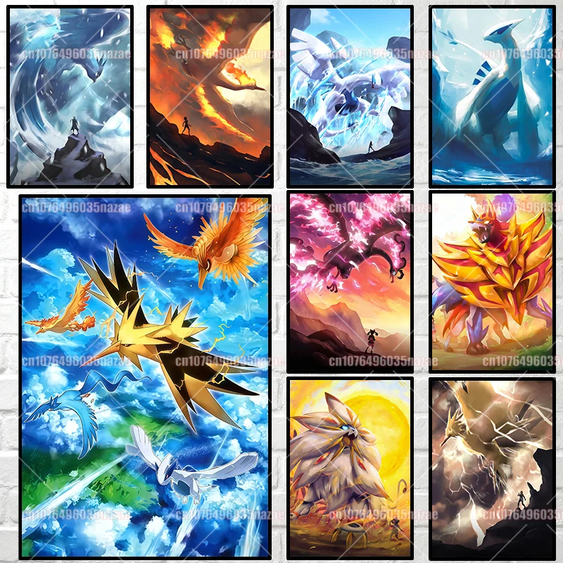 Printed Pokemon Gengar Charizard Psyduck Squirtle Bulbasaur Moltres Vintage Style Canvas Painting Wall Art Home Decor Poster