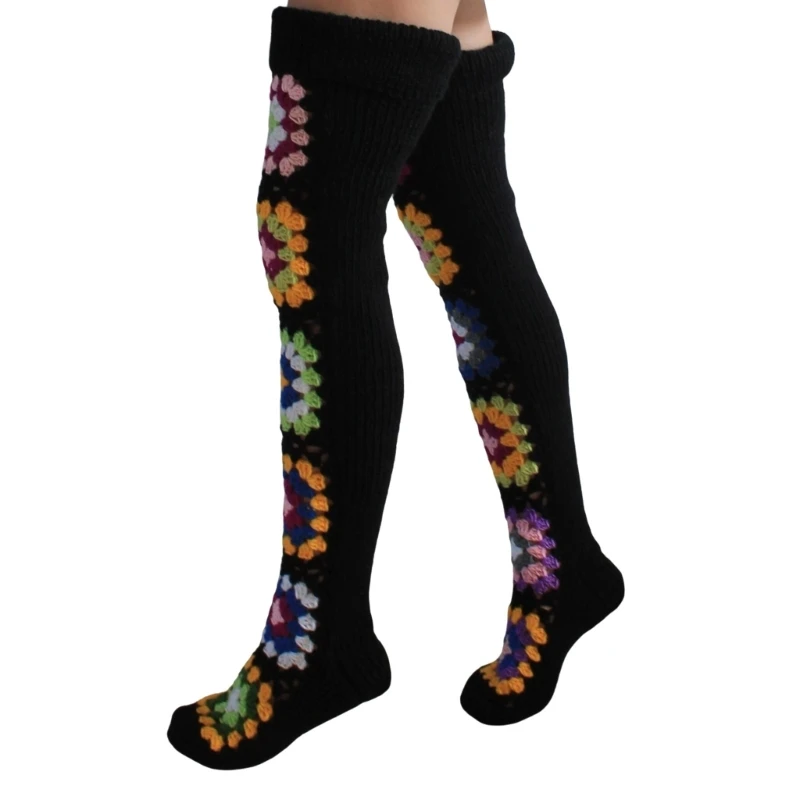 Womens Winter Fall Ethnic Crochet Knitted Colorful Thigh High Boot Socks Long Over The Knee Winter Stockings Leg Warmers