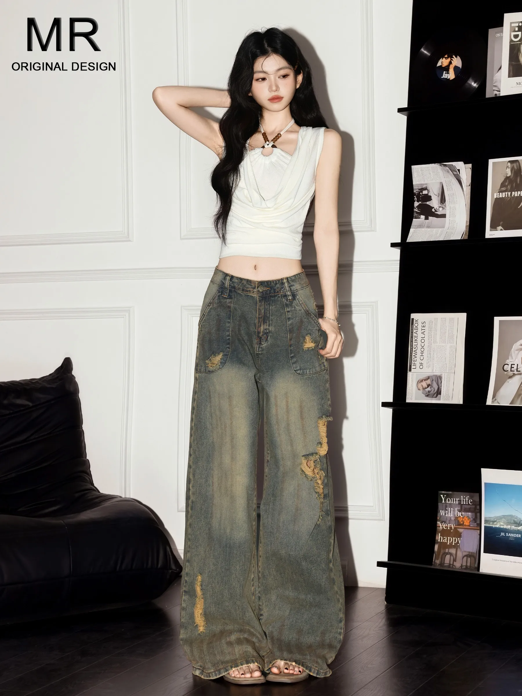 

Американские джинсы с широкими штанинами в стиле High Street, женские, летние, новые, винтажные, с дырками, без эластана, свободные, утягивающие, повседневные, с высокой талией