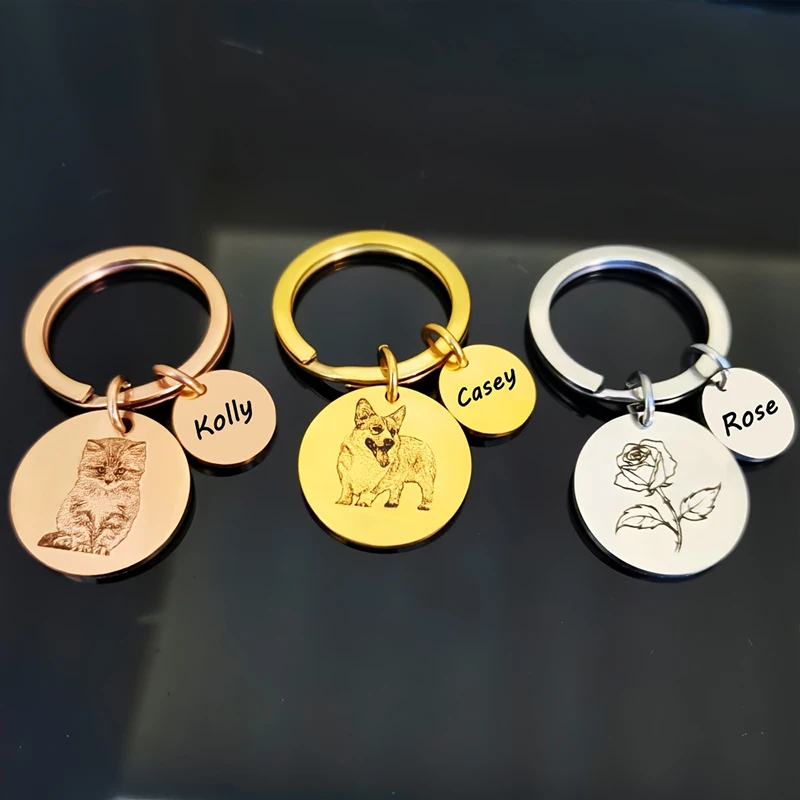 Personalized Men's Keychains Customize Pictures & Pet & Plants & Family Members Two Circular Pendants Stainless Steel Keychain