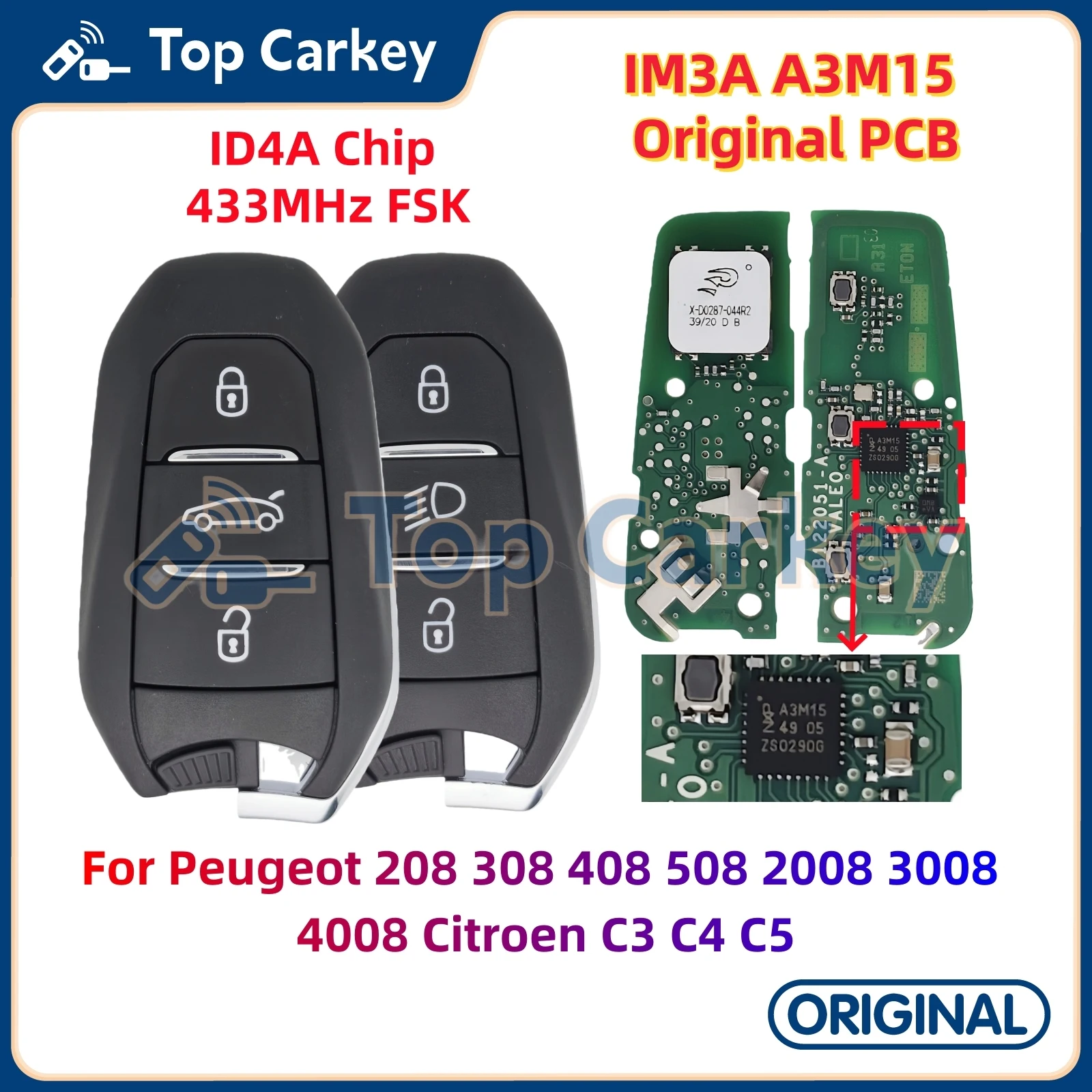 

TopCarkey IM3A оригинальный смарт-ключ для печатной платы A3M15 ID4A чип 433 МГц для Citroen C3 C4 C5 Peugeot 308 408 508 2008 3008 4008