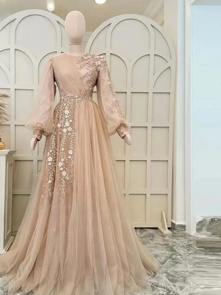 

Blush Champagne Embroidered Evening Gown 2025 Luxury Long Sleeve Tulle A-Line Formal Dress Bridal Party Prom Outfit Customized