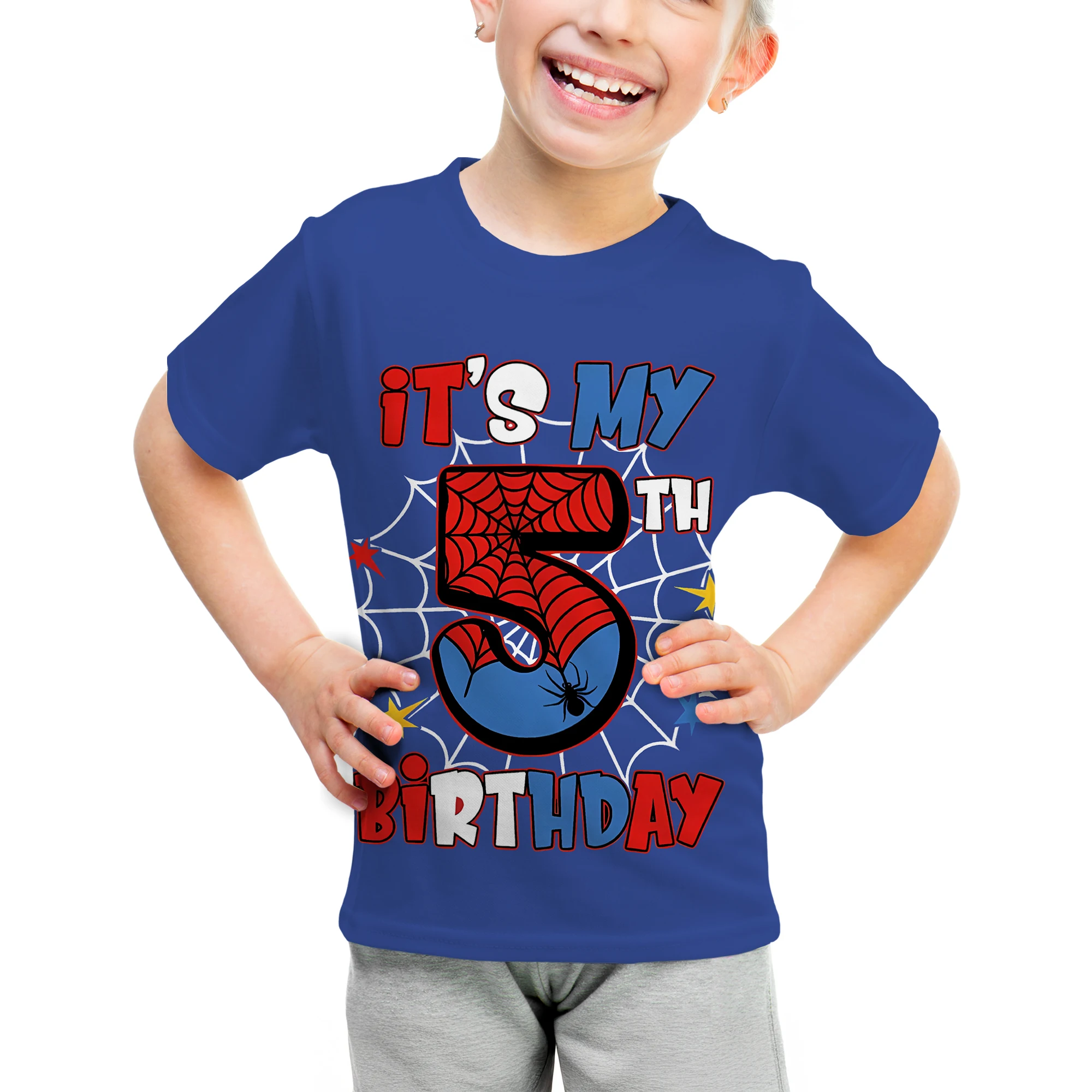 Kids 5th Birthday Girls & Boys T-Shirt Spider Web Graphic Clothes, Birthday Party Top Casual Wear, Gift for Young Hero Lovers view 3
