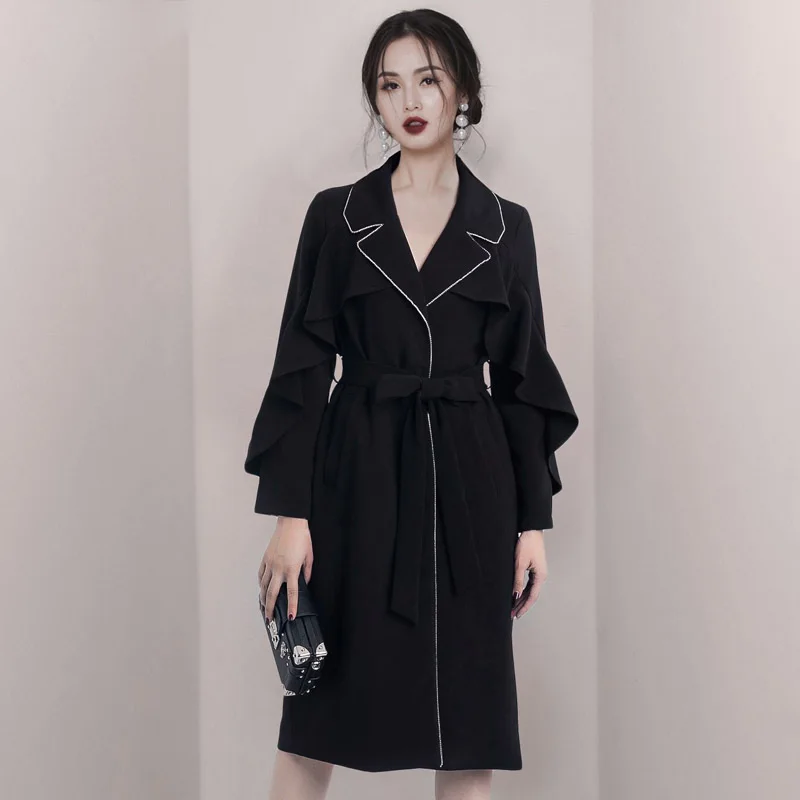 

Новое осенне-зимнее женское длинное пальто свободного кроя в корейском стиле, высококачественное, черное, с поясом, элегантное.